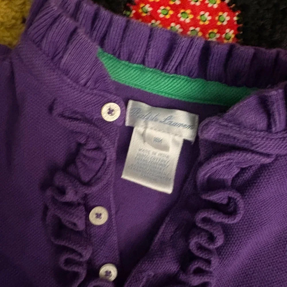 Ralph Lauren Girls Purple Ruffle Long Sleeve Polo Dress 18M Pique‎ Cotton